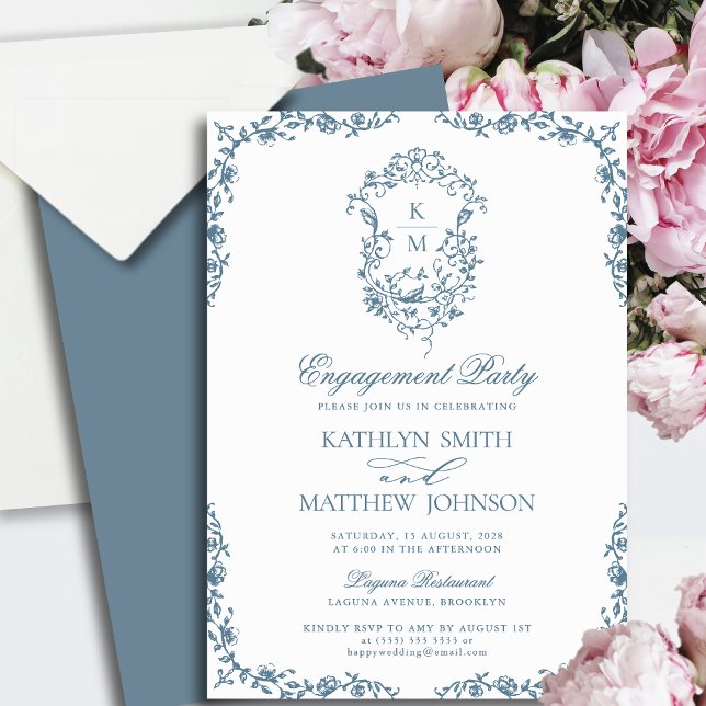 Invitation Dusty Blue Monogramme Vintage (Créateur téléchargé)