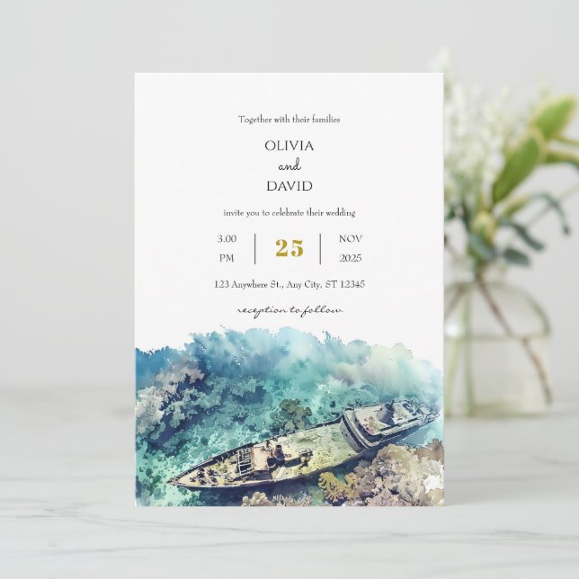 Invitation Dusty Blue Nautical Shipwreck Coral Beach Mariage (Debout devant)