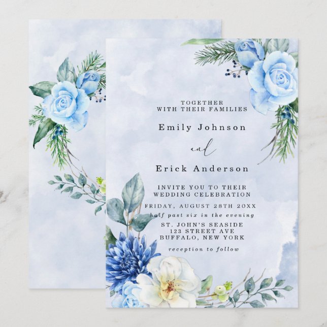 Invitation Dusty Blue Navy Aquarelle Peonies Mariage (Devant / Derrière)