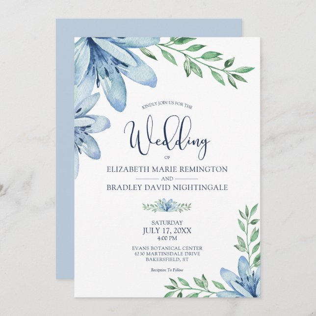 Invitation Dusty Blue & Navy Blue Blooms Mariage (Devant / Derrière)