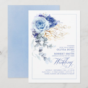Invitation Dusty Blue & Navy Blue Boho Gold Floral Mariage