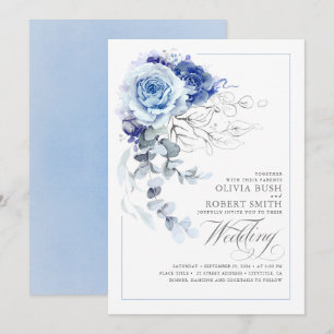 Invitation Dusty Blue & Navy Blue Boho Silver Floral Mariage