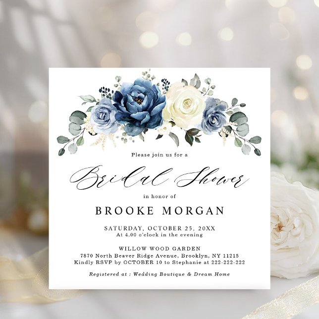 Invitation Dusty Blue Navy Champagne Ivory Fête des mariées I (Dusty Blue Navy Champagne Ivory Bridal Shower  Invitation)