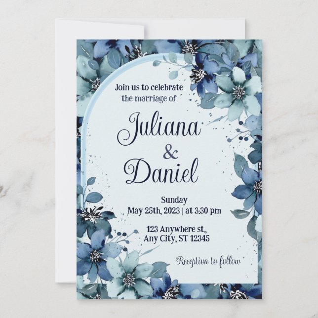 Invitation Dusty Blue Navy Champagne Ivory Floral Mariage (Devant)