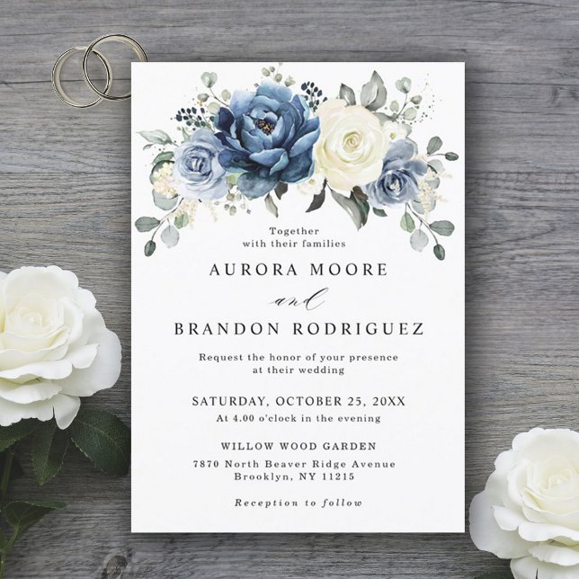 Invitation Dusty Blue Navy Champagne Ivory Floral Mariage (dusty blue )