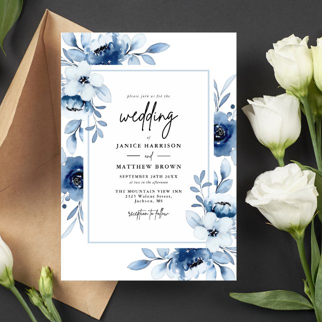 Invitation Dusty Blue Navy Champagne Ivory Floral Mariage (Créateur téléchargé)