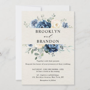 Invitation Dusty Blue Navy Champagne Ivory Floral Mariage Inv