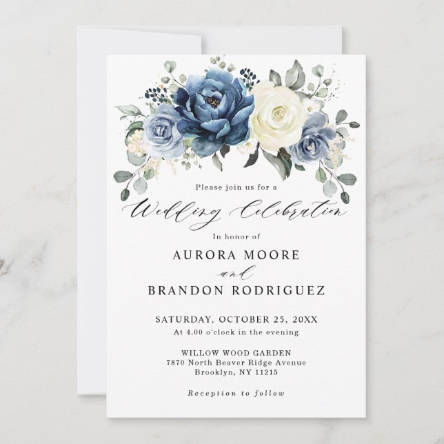 Invitation Dusty Blue Navy Champagne Ivory Floral Mariage Inv (Devant)
