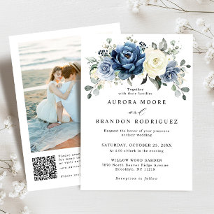 Invitation Dusty Blue Navy Champagne Ivory QR Code Mariage