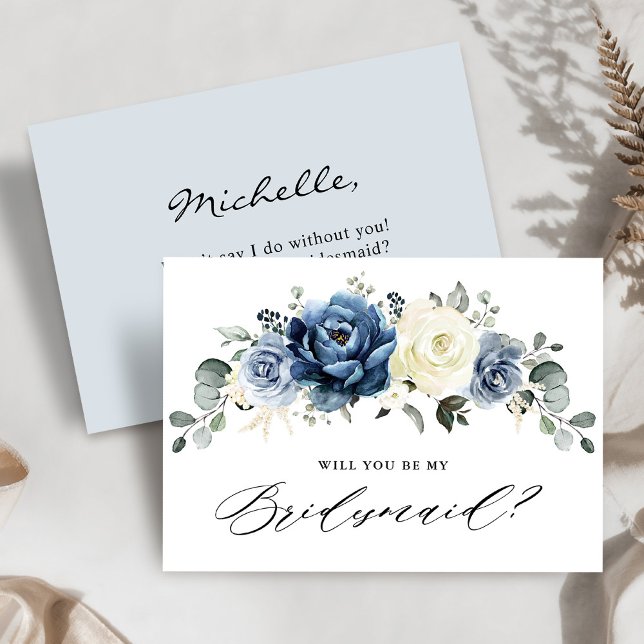 Invitation Dusty Blue Navy Green Serez-vous ma demoiselle d'h (Dusty Blue Navy Greenery Will you be my Bridesmaid Invitation)