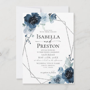 Invitation Dusty Blue Navy Pastel Silver Foil Floral Mariage