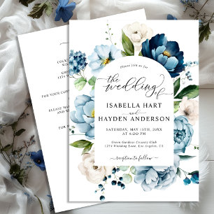 Invitation Dusty Blue Navy Peony All In 1 QR Code Mariage