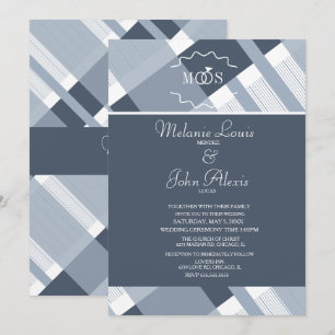 Invitation Dusty Blue Navy Plaid White Ring Logo Mariage