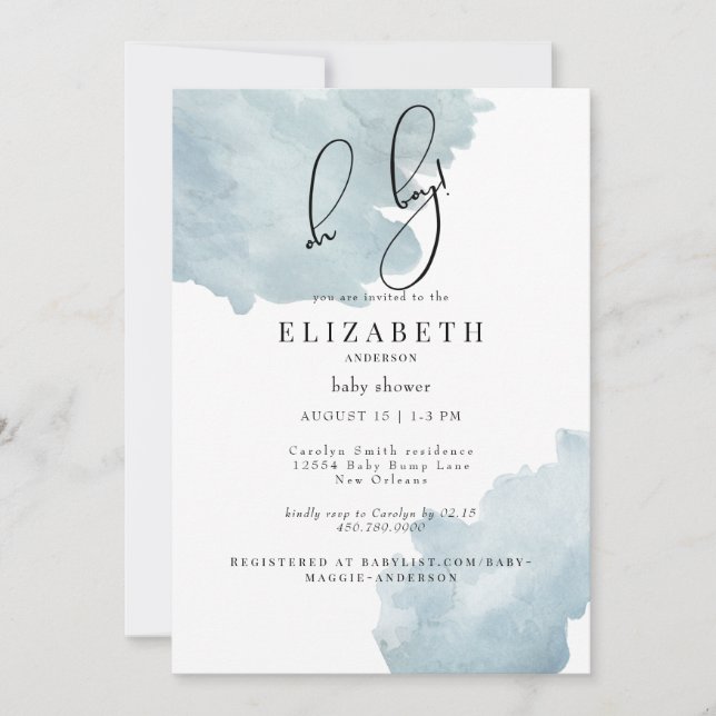 Invitation Dusty Blue Oh Boy Baby shower (Devant)