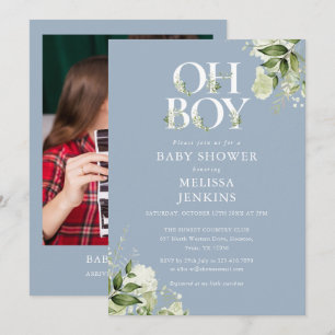 Invitation Dusty Blue Oh Boy Greenery Baby shower photo