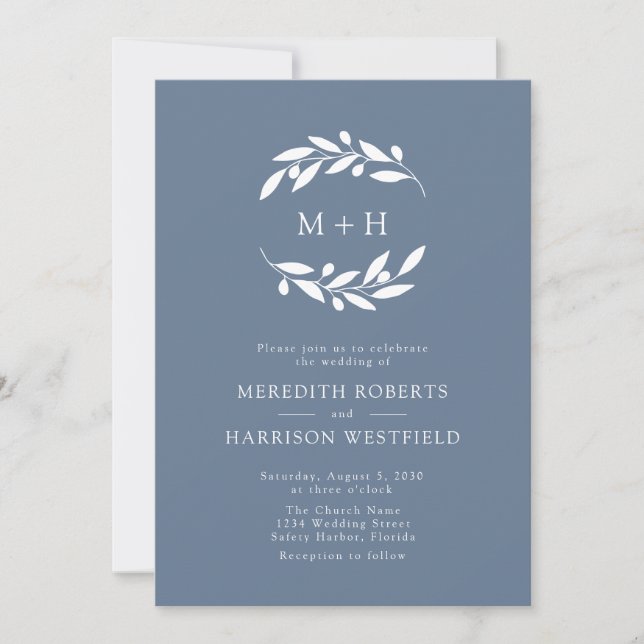 Invitation Dusty Blue Olive Branch Monogram Wreath Mariage (Devant)