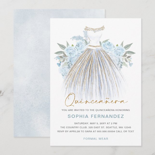 Invitation Dusty Blue or parties scintillant Floral Robe Quin (Devant / Derrière)