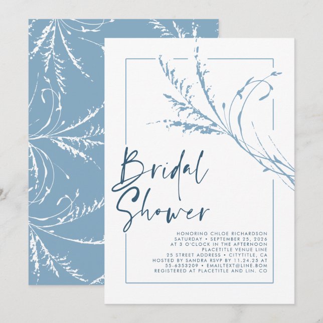 Invitation Dusty Blue Pampas Grass Moderne Boho Fête des mari (Devant / Derrière)