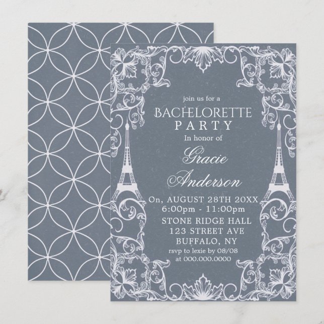 Invitation Dusty Blue Paris France Bachelorette Party Invita (Devant / Derrière)