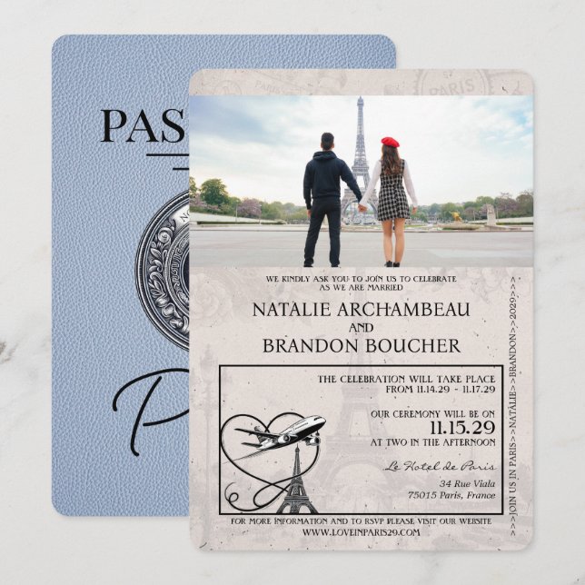 Invitation Dusty Blue Paris Passport Mariage (Devant / Derrière)
