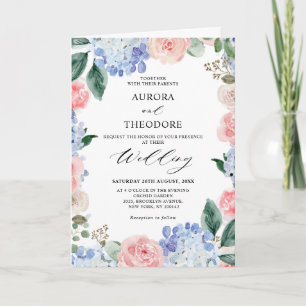 Invitation Dusty Blue Pastel Pink hydrangeas Mariage plié