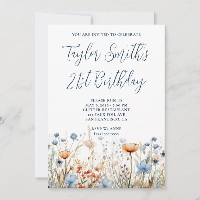 Invitation Dusty Blue Peach Fleurs sauvages 21e anniversaire (Devant)