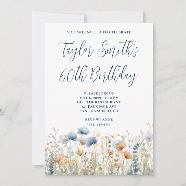 Invitation Dusty Blue Peach Fleurs sauvages 60e anniversaire (Devant)