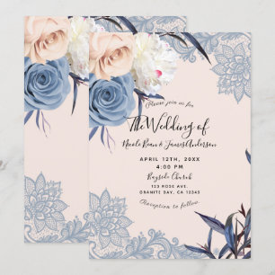 Invitation Dusty Blue & Peach Floral Lace Mariage