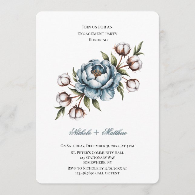 Invitation Dusty Blue Peony and Cotton Engagement Party (Devant)