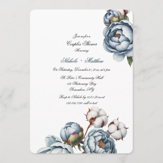 Invitation Dusty Blue Peony and Cotton Wedding Shower (Devant)