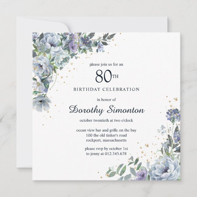 Invitation Dusty Blue Peony Floral 80e anniversaire (Devant)