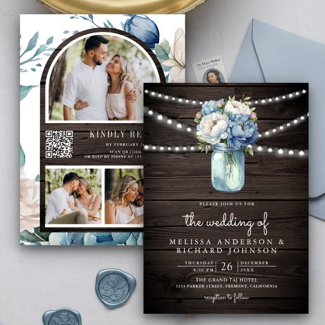 Invitation Dusty Blue Peony Mason Jar QR Code Mariage en bois (Créateur téléchargé)