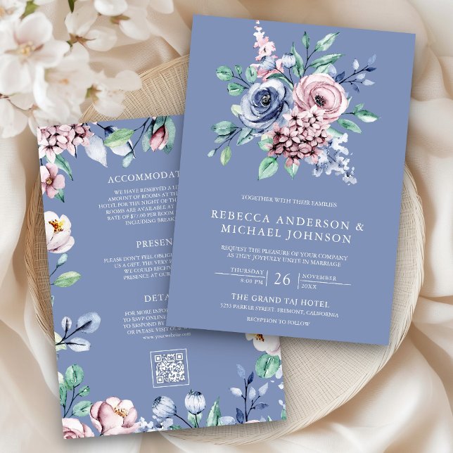 Invitation Dusty Blue Periwinkle rose Floral QR Code Mariage (Créateur téléchargé)