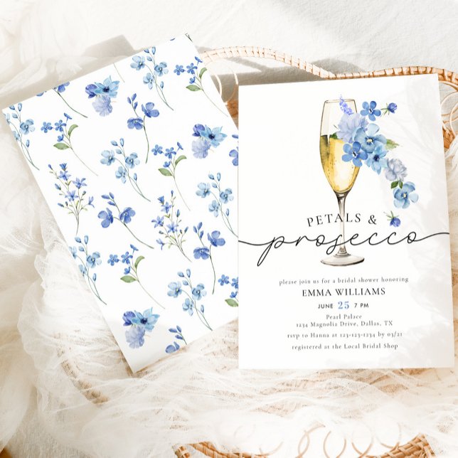 Invitation Dusty Blue Petals & Prosecco Fête des mariées (Créateur téléchargé)
