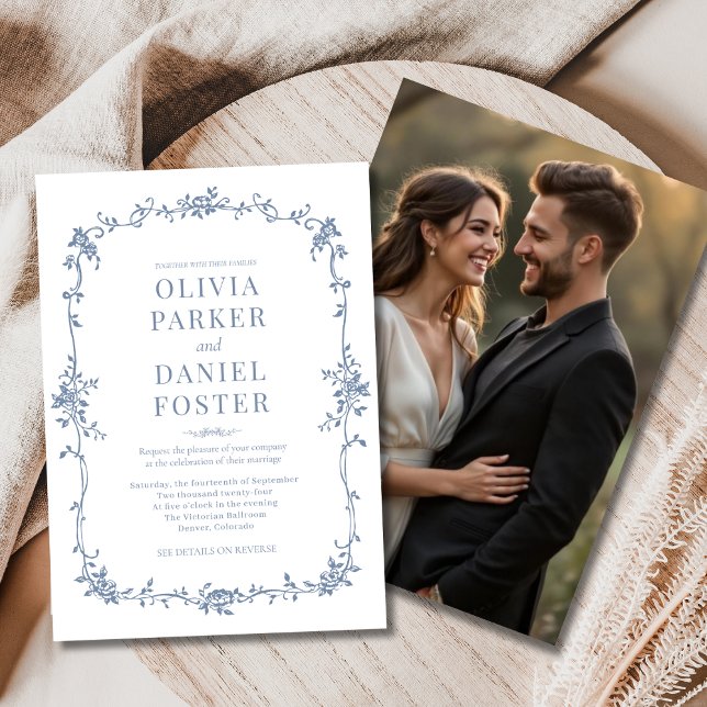 Invitation Dusty Blue Photo Floral Victorian Mariage français (Créateur téléchargé)