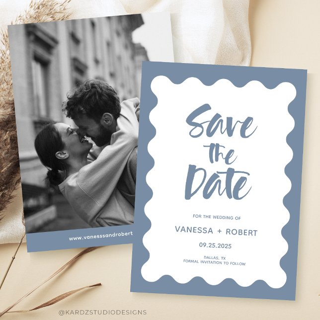 Invitation Dusty Blue Photo Script Enregistrer La Date (Modern Wedding Save The Date, in dusty blue + white, black + white photo and scrips with wavy frame.)
