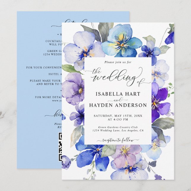 Invitation Dusty Blue Purple Floral Tout en 1 QR Code Mariage (Devant / Derrière)