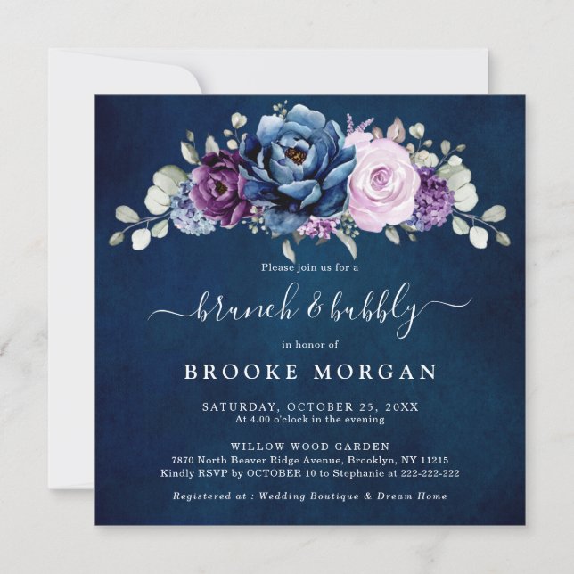 Invitation Dusty Blue Purple Navy Lilac Bloom Brunch & Bubbly (Devant)