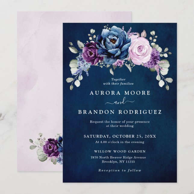 Invitation Dusty Blue Purple Navy Lilac Blooms Mariage Invita (Devant / Derrière)