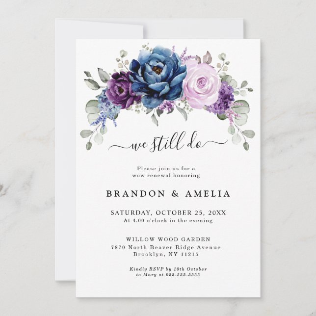 Invitation Dusty Blue Purple Navy Lilac Blooms Nous le faison (Devant)