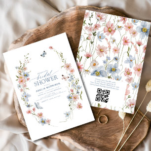 Invitation Dusty Blue QR Code Fleur sauvage Fête des mariées 