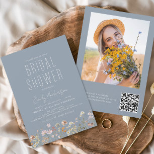 Invitation Dusty Blue QR Code Fleur sauvage Photo