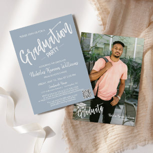 Invitation Dusty Blue QR Code moderne Photo Graduation Party