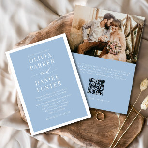 Invitation Dusty Blue QR Code photo minimaliste Mariage