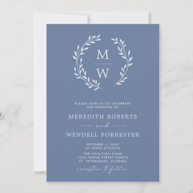 Invitation Dusty Blue QR Code RSVP Monogram Wreath Mariage (Devant)