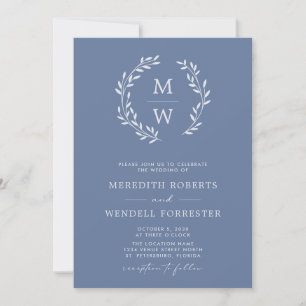 Invitation Dusty Blue QR Code RSVP Monogram Wreath Mariage