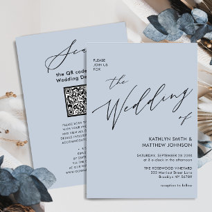 Invitation Dusty Blue QR Code Tout en un mariage élégant