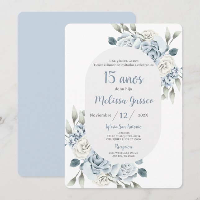 Invitation Dusty Blue Quinceañera (Devant / Derrière)