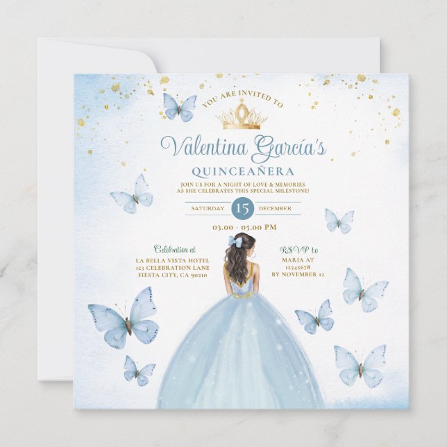 Invitation Dusty Blue Quinceañera 15 Anos Butterfly Gold (Devant)