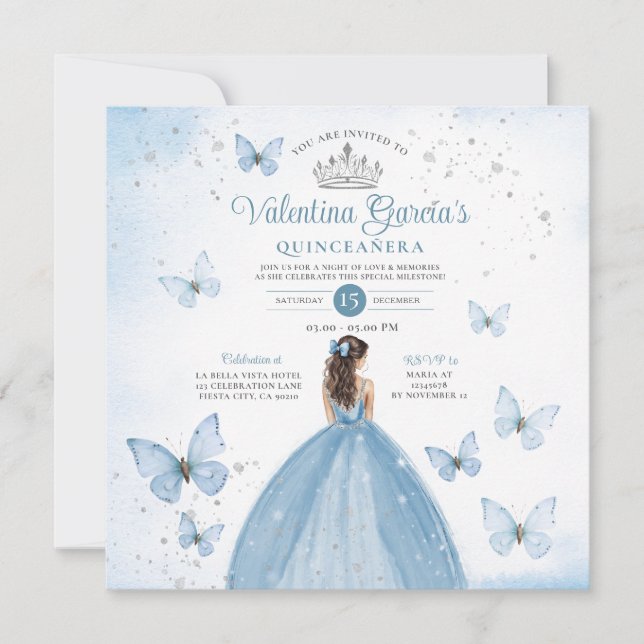 Invitation Dusty Blue Quinceañera 15 Anos Butterfly Silver (Devant)